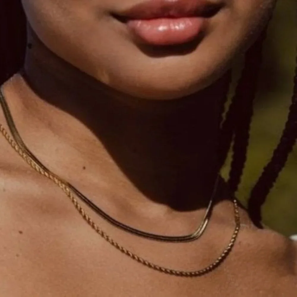 Necklace Layered Gold Herringbone & Gold Rope Chain Necklace WATERPROOF Necklace - Picture 6 of 13